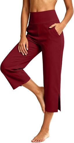 Capri Yoga Pants for Women Stretchy Business Casual Capris Summer | High Waisted Tummy Control Stretchy Business Casual Pants with Pockets Wide Leg for Yoga,Workout,Work,Office,Lounge in Kuwait