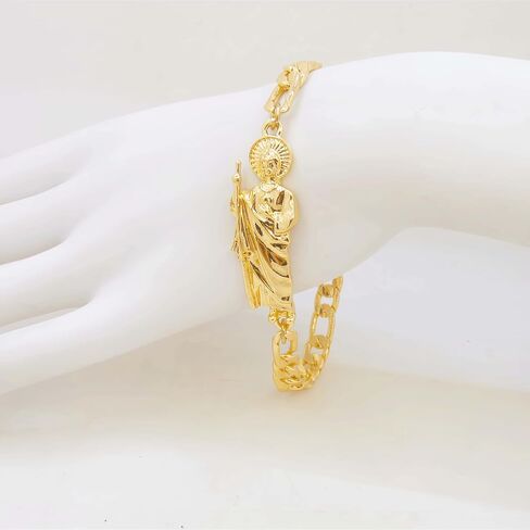 San Judas Tedeo Bracelet - Gold Plated Figaro Chain Saint Jude Religious Jewelry - Tarnish-Resistant Spiritual Accessory for Hope & Faith (Multicolor Robe Design) in Kuwait