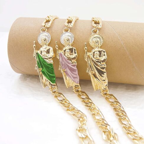 San Judas Tedeo Bracelet - Gold Plated Figaro Chain Saint Jude Religious Jewelry - Tarnish-Resistant Spiritual Accessory for Hope & Faith (Multicolor Robe Design) in Kuwait