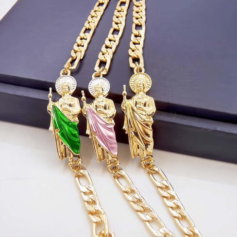 San Judas Tedeo Bracelet - Gold Plated Figaro Chain Saint Jude Religious Jewelry - Tarnish-Resistant Spiritual Accessory for Hope & Faith (Multicolor Robe Design) in Kuwait