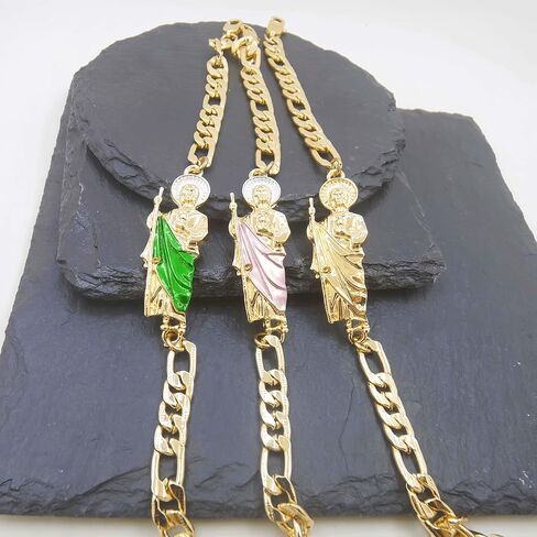San Judas Tedeo Bracelet - Gold Plated Figaro Chain Saint Jude Religious Jewelry - Tarnish-Resistant Spiritual Accessory for Hope & Faith (Multicolor Robe Design) in Kuwait
