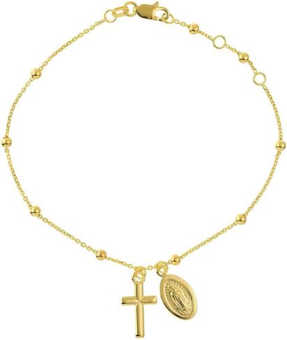 JEWELHEART 14K Solid Gold Bracelet For Women - Miraculous Virgin Mary Medal Cross Charm Bracelet - Minimalist Yellow Real Gold Ball Bead Chain Bracelet Adjustable From 6.25" Up To 7.25" in Saudi Arabia