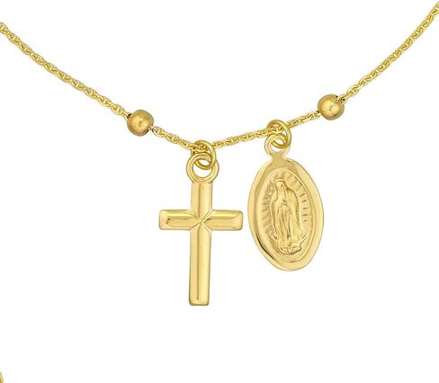 JEWELHEART 14K Solid Gold Bracelet For Women - Miraculous Virgin Mary Medal Cross Charm Bracelet - Minimalist Yellow Real Gold Ball Bead Chain Bracelet Adjustable From 6.25" Up To 7.25" in Saudi Arabia