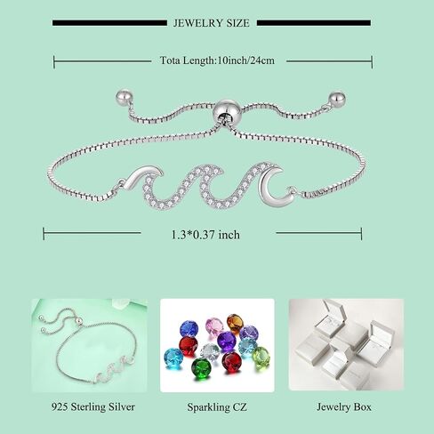 STARCHENIE 925 Sterling Silver Wave Bracelet for Women Adjustable Birthstone Bracelet Beach Ocean Jewelry in Kuwait
