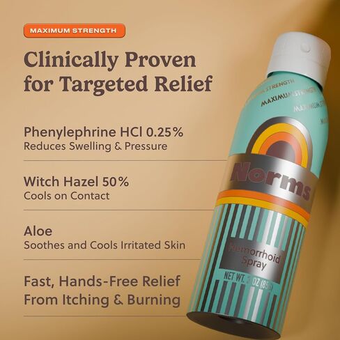 Norms Cooling Hemorrhoid Spray, Maximum Strength Touch-Free Relief with Phenylephrine, Witch Hazel, Aloe, Shrinks Swelling, Calms Itching, Soothes on Contact, 3oz Spray in Saudi Arabia