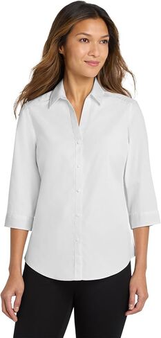 Apparel Globe Womens Poplin Shirt 3/4 Sleeve Stain Release Easy Care Button Down Work Blouse Office Uniform Top in Saudi Arabia