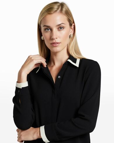 بلوزة Anne Klein النسائية Anne Klein بأكمام طويلة وأزرار سفلية مع حافة متباينة in Kuwait