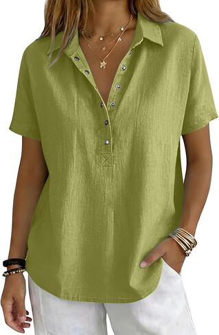 Cotton Linen Tops for Women - 2026 Summer Gauze Shirts Button Down V Neck Short Sleeve Blouses Dressy Casual Clothes in Kuwait