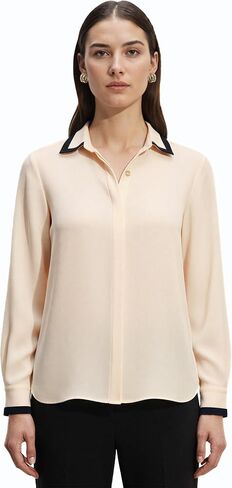 بلوزة Anne Klein النسائية Anne Klein بأكمام طويلة وأزرار سفلية مع حافة متباينة in Kuwait