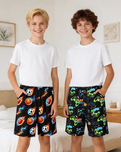 PASHOP 2 Pack Boys Pajama Shorts Cool Boys Sleep Shorts Summer Pajamas Pj Sets with Pockets Soft Bottoms Sleepwear Size 10-14 in Saudi Arabia