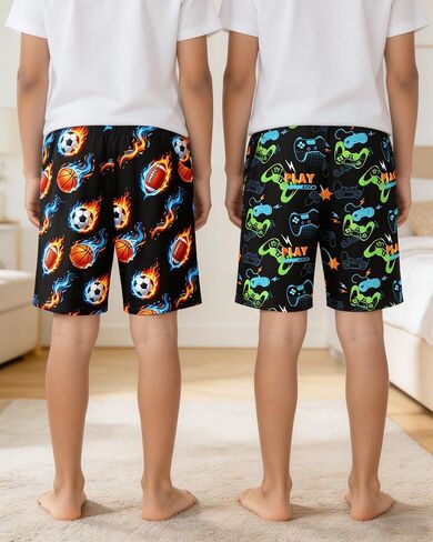PASHOP 2 Pack Boys Pajama Shorts Cool Boys Sleep Shorts Summer Pajamas Pj Sets with Pockets Soft Bottoms Sleepwear Size 10-14 in Saudi Arabia