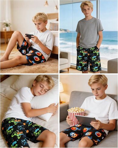 PASHOP 2 Pack Boys Pajama Shorts Cool Boys Sleep Shorts Summer Pajamas Pj Sets with Pockets Soft Bottoms Sleepwear Size 10-14 in Saudi Arabia