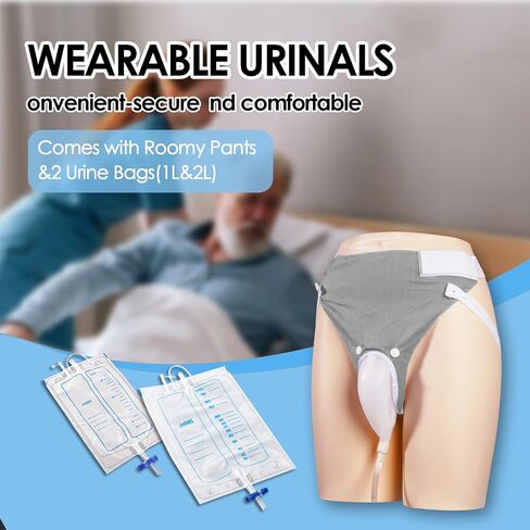 Wearable Urine Collector for Men with Soft Breathable Fixation Pants, Silicone External Catheter with Tube, 1000ml and 2000ml Urine Collection Bags for Travel and Daily Use, Elderly Men Black in Kuwait