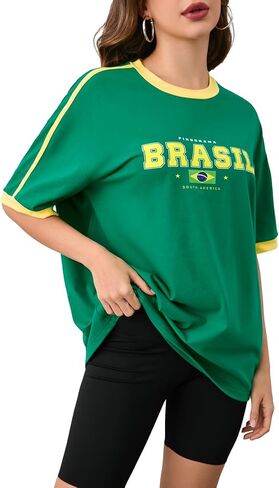 BEAUDRM Women's Contrast Binding T Shirt Letter and Brazil Flag Print Short Sleeve Loose Fit Tee Top in Kuwait
