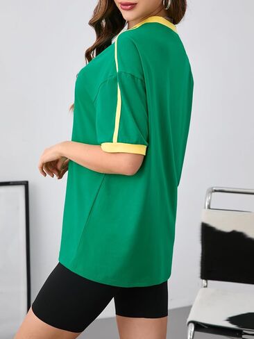 BEAUDRM Women's Contrast Binding T Shirt Letter and Brazil Flag Print Short Sleeve Loose Fit Tee Top in Kuwait