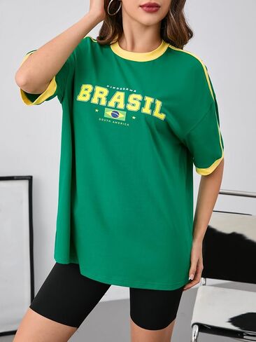 BEAUDRM Women's Contrast Binding T Shirt Letter and Brazil Flag Print Short Sleeve Loose Fit Tee Top in Kuwait