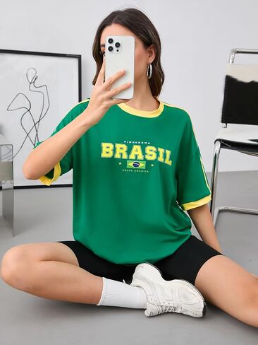 BEAUDRM Women's Contrast Binding T Shirt Letter and Brazil Flag Print Short Sleeve Loose Fit Tee Top in Kuwait