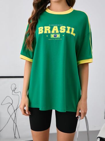 BEAUDRM Women's Contrast Binding T Shirt Letter and Brazil Flag Print Short Sleeve Loose Fit Tee Top in Kuwait