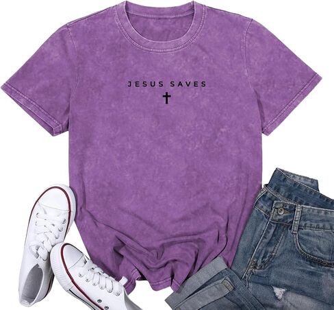 Dauocie Women's Washed Vintage Shirts Jesus Saves Cross Print T Shirt Christian Tees Tops in Saudi Arabia