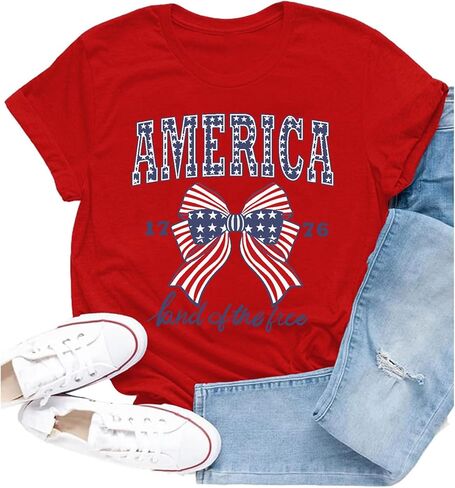 American Flag Shirt for Women USA Patriotic Bow T-Shirt 4th of July America Tee Tops in Kuwait