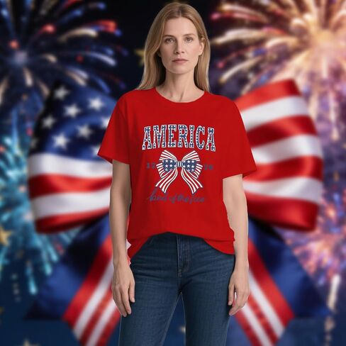American Flag Shirt for Women USA Patriotic Bow T-Shirt 4th of July America Tee Tops in Kuwait