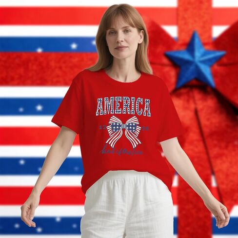 American Flag Shirt for Women USA Patriotic Bow T-Shirt 4th of July America Tee Tops in Kuwait