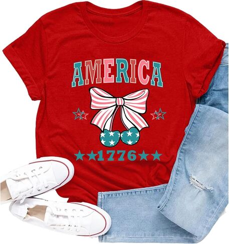 American Flag Shirt for Women USA Patriotic Bow T-Shirt 4th of July America Tee Tops in Kuwait