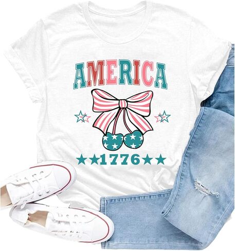 American Flag Shirt for Women USA Patriotic Bow T-Shirt 4th of July America Tee Tops in Kuwait