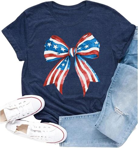 American Flag Shirt for Women USA Patriotic Bow T-Shirt 4th of July America Tee Tops in Kuwait