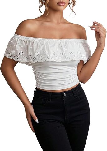 Women's Off The Shoulder Crop Tops Summer Elegant Ruched Eyelet Embroidery T Shirts Going Out Outfits in Kuwait