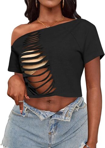Hilinker Women Off The Shoulder Crop Tops Sexy Cut Out Ripped Short Sleeve Cropped T Shirts in Kuwait