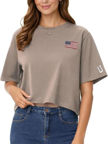 Anna-Kaci Women's American Flag Crop Top Loose Fit July 4th Summer Casual USA T-Shirt Cotton Workout Tee in Kuwait