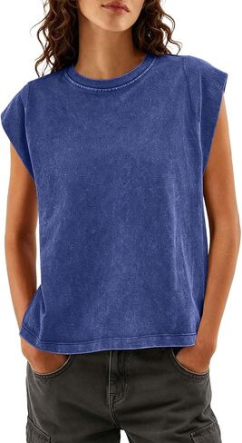 Oymyakon Women Oversized Acid Wash Tank Tops Vintage Crew Neck Cap Sleeve Casual Cropped Tshirts Summer Grunge Streetwear Tee in Saudi Arabia