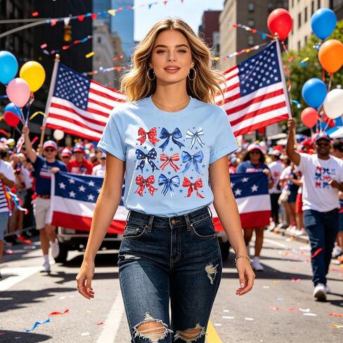 USA Shirts for Women American Coquette Bow Shirt Bow Graphics 4th of July Tshirt Short Sleeve Tops in Saudi Arabia