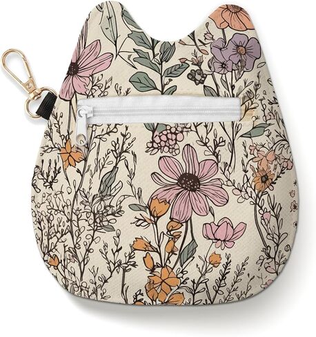 Boho Wildflower Cat Shaped Coin Purse, Canvas Change Purse, Coin Pouch with Keychain, Cute Boho Floral Zipper Small Wallet for Women Girls, Cat Lover Gifts, Mini Bag for Coins, Lipstick Accessories in Saudi Arabia