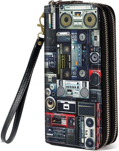 Retro Music Cassette Print Wallet for Women Large Capacity Wallet Credit Card Holder PU Leather Double Zipper Clutch Purse Phone Wallet in Saudi Arabia
