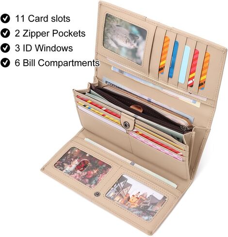 Fashionable lady's genuine leather wallet, RFID anti-theft card-swiping three-sided folding wallet, featuring a photo window and multi-slot design, with large capacity for banknotes compartments in Kuwait