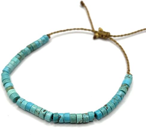 Turquoise Blue Heishi Stone Beaded Bracelet or Anklet for Men and Women, Casual Beach Surfer Jewelry on Hand Spun Rope Cord, Handmade by Beach Soul in Saudi Arabia