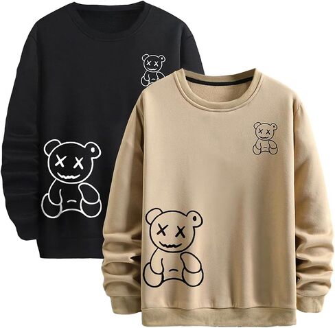 WDIRARA Men's 2 Pack Bear Print Pullovers Black and White Sweatshirt Round Neck Casual Long Sleeve Sweatshirts in Kuwait