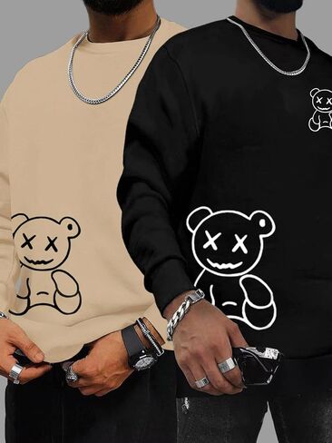 WDIRARA Men's 2 Pack Bear Print Pullovers Black and White Sweatshirt Round Neck Casual Long Sleeve Sweatshirts in Kuwait