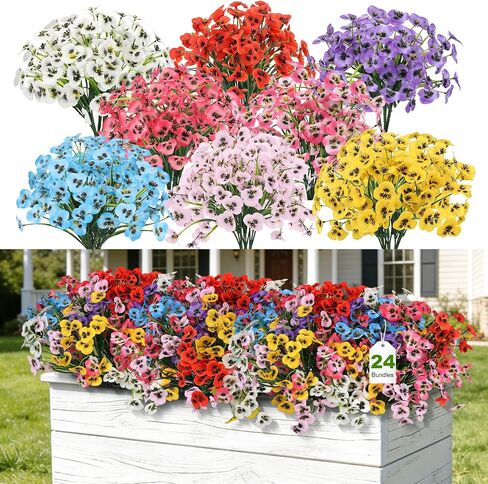 24 Bundles Artificial Pansy Flowers, No Leaves Faux Silk Pansies Bulk, Mixed Color Fake Flowers, UV Resistant for Outdoor/Indoor, Window Box, Patio, Garden, Home Spring Decor in Saudi Arabia