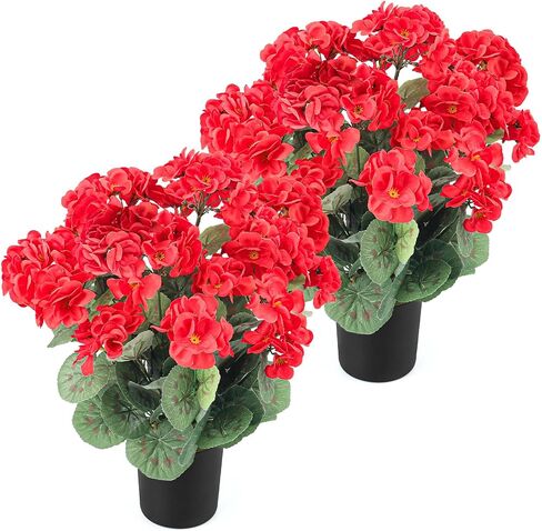 2Pcs Geranium Potted Artificial Flowers in Pots, Faux Outdoor Plants Realistic Geranium, Decorative Fake Potted Plants for Patio Garden Home Decoration, UV Resistant Artificial Flowers 16"Tall (Pink) in Saudi Arabia