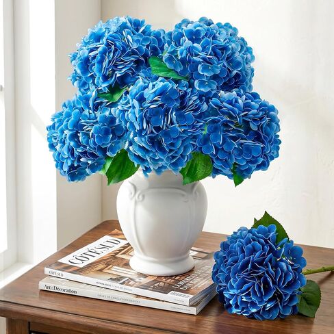 Auihiay 5PCS Real Touch Hydrangea Artificial Flowers, Full Latex Faux Hydrangea Flowers with Long Stem & Leaves for Home Decor Party Floral Arrangements Wedding Bouquets Centerpieces-Vintage Blue in Saudi Arabia