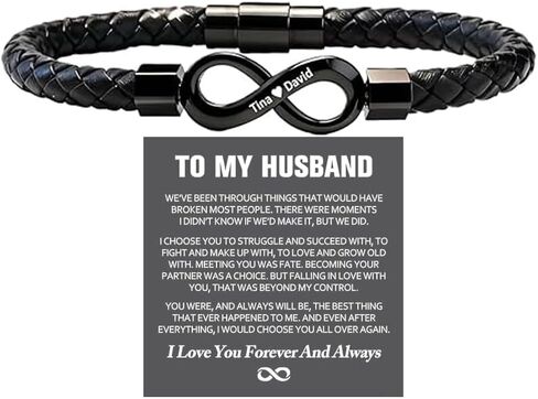 To My Husband - Infinity Personalized Bracelet, To My Husband Bracelet, Custom Dual Name Infinity Leather Bracelet for Men, Stainless Steel Knot Bracelet Gifts for Man Boyfriend Him in Kuwait