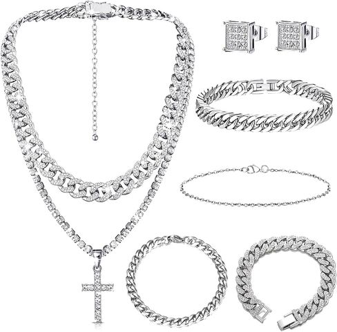7 PCS Silver Hip Hop Jewelry Set Rhinestone Necklace Bracelet Earrings Tennis Diamond Link Chain Jewelry for Men Party Gift in Saudi Arabia