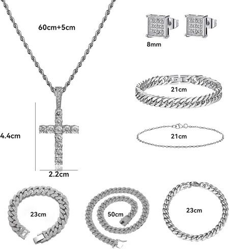 7 PCS Silver Hip Hop Jewelry Set Rhinestone Necklace Bracelet Earrings Tennis Diamond Link Chain Jewelry for Men Party Gift in Saudi Arabia