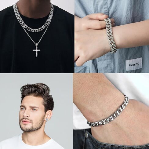 7 PCS Silver Hip Hop Jewelry Set Rhinestone Necklace Bracelet Earrings Tennis Diamond Link Chain Jewelry for Men Party Gift in Saudi Arabia