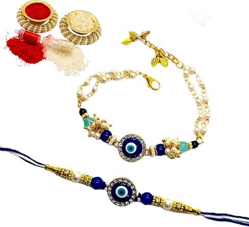 Handmade Designer Evil Eye Couple Rakhi Gift Set | Premium Raksha Bandhan Gift Combo for Bhai & Bhabhi Includes Roli Kumkum & Chawal | Designer Rakhi Set for Brother, Sister & Sister-in-law in Saudi Arabia