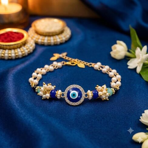 Handmade Designer Evil Eye Couple Rakhi Gift Set | Premium Raksha Bandhan Gift Combo for Bhai & Bhabhi Includes Roli Kumkum & Chawal | Designer Rakhi Set for Brother, Sister & Sister-in-law in Saudi Arabia