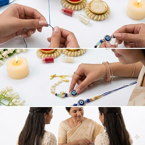 Handmade Designer Evil Eye Couple Rakhi Gift Set | Premium Raksha Bandhan Gift Combo for Bhai & Bhabhi Includes Roli Kumkum & Chawal | Designer Rakhi Set for Brother, Sister & Sister-in-law in Saudi Arabia